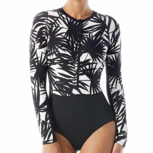 Beach House Women's Seaside Palm Sculpt Long Sleeve One Piece Swimsuit in Black (H86980) | Size 14 | HerRoom.com