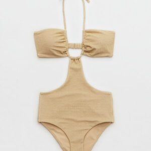 Aerie Sparkle Halter Cutout One Piece Swimsuit Women's Golden Oak XS