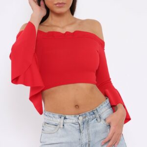 Red Bardot Frill Crop Top with Flared Sleeves - Tiffy - Size 6