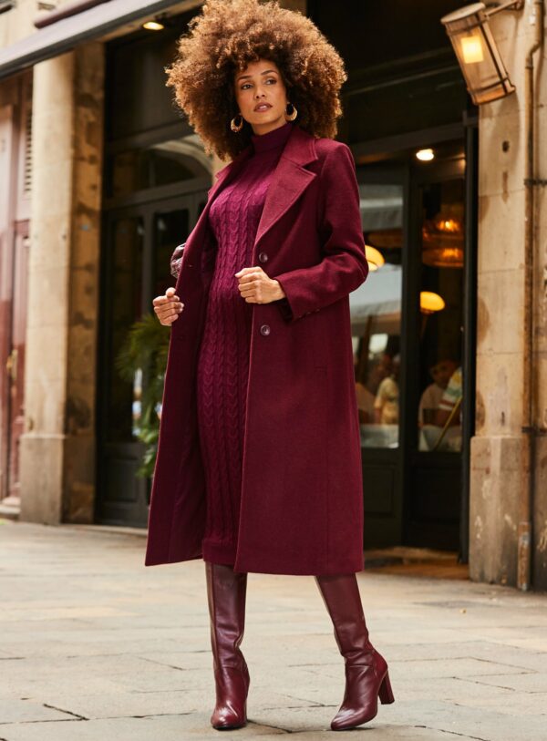 Red SOSANDAR Wine Oatmeal Premium Longline Wool Mix Coat