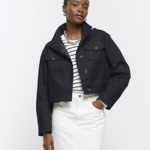 River Island Womens Black Button Up Crop Trench Coat