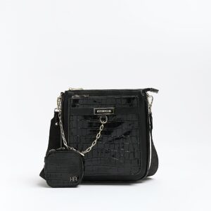 River Island Womens Black Croc Embossed Messenger Bag