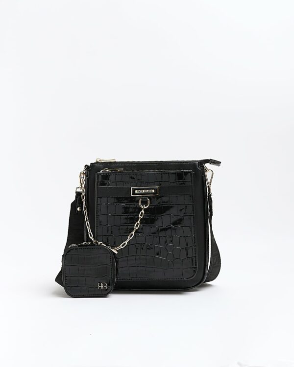 River Island Womens Black Croc Embossed Messenger Bag