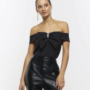 River Island Womens Black Embellished Bow Bardot Top