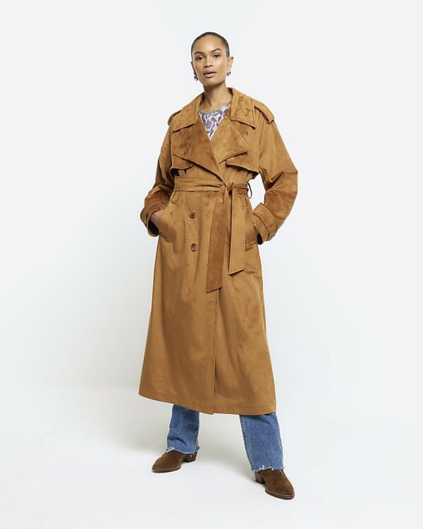 River Island Womens Brown Suedette Belted Trench Coat