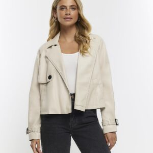 River Island Womens Cream Faux Leather Crop Trench Coat