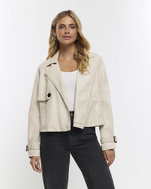 River Island Womens Cream Faux Leather Crop Trench Coat