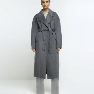 River Island Womens Grey Wool Blend Belted Coat