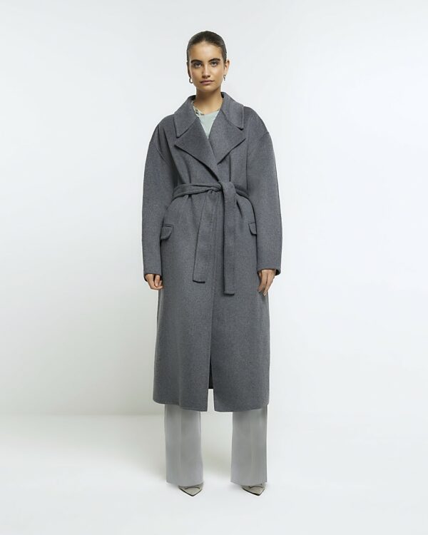 River Island Womens Grey Wool Blend Belted Coat