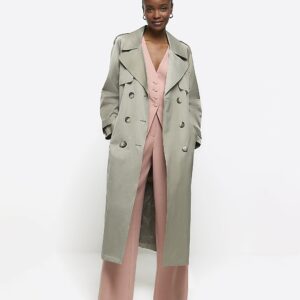 River Island Womens Khaki Satin Belted Longline Trench Coat