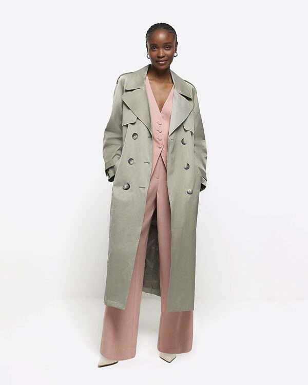 River Island Womens Khaki Satin Belted Longline Trench Coat