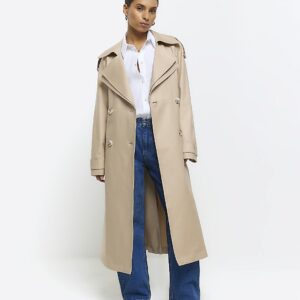 River Island Womens Petite Beige Double Collar Belted Trench Coat