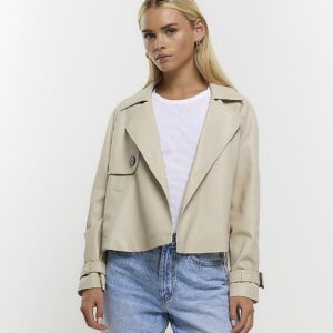 River Island Womens Petite Cream Faux Leather Crop Trench Coat