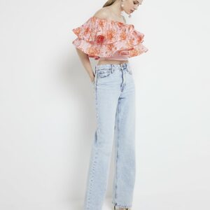 River Island Womens Pink Floral Plisse Frill Bardot Top