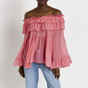 River Island Womens Pink Frill Bardot Top