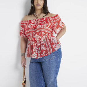 River Island Womens Plus Red Floral Frill Bardot Top