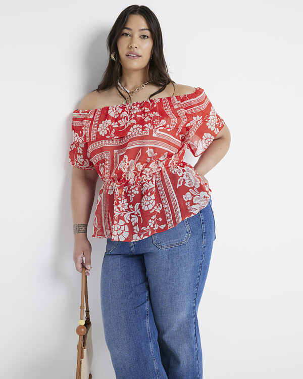 River Island Womens Plus Red Floral Frill Bardot Top