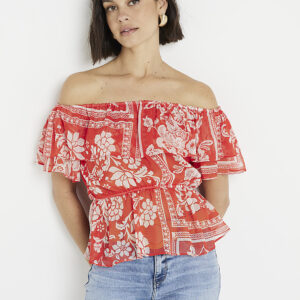 River Island Womens Red Floral Frill Bardot Top