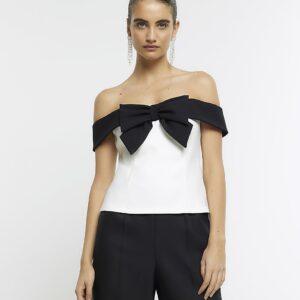 River Island Womens White Bow Detail Bardot Top