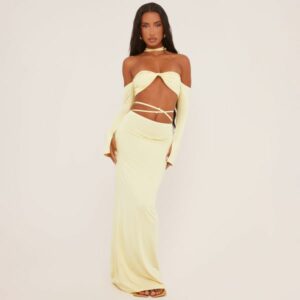 Rose Strap Detail Bardot Crop Top And High Waist Maxi Skirt Co-Ord Set In Lemon, Women's Size UK Medium M