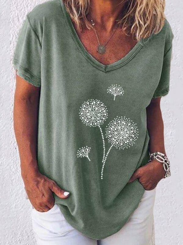 Roselinlin Floral 1 Army Green Black Blue Gray Pink Women Tops V Neck Cotton-Blend Casual Short Sleeve Printed Tops