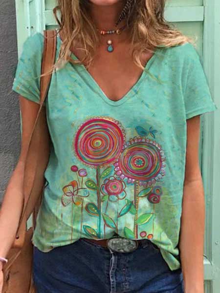 Roselinlin Short Sleeve 1 Green Women Tops Casual Cotton-Blend Going Out Printed Tops