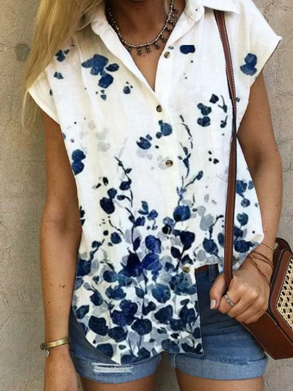 Roselinlin Short Sleeve 1 White Women Tops Casual Shirt Collar Cotton-Blend Daily Printed Tops