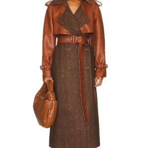 SIMKHAI Doni Faux Leather Combo Trench Coat in Beige Herringbone Multi - Brown. Size S (also in ).