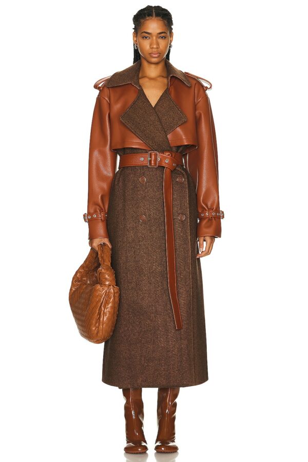 SIMKHAI Doni Faux Leather Combo Trench Coat in Beige Herringbone Multi - Brown. Size S (also in ).