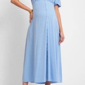 Seraphine Puff Sleeve Button-Up Maternity Midi Dress in Blue at Nordstrom, Size 12