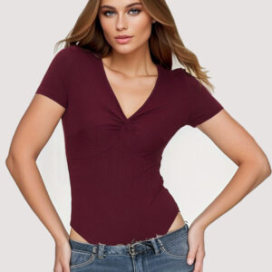 Short Sleeves Bodysuit Burgundy Pleated V-Neck Casual Polyester Women Top