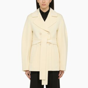 Short double-breasted vanilla wool and cashmere coat