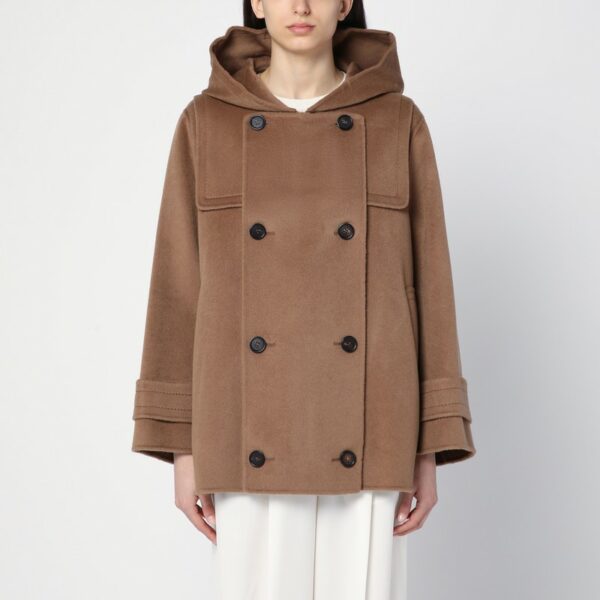 Short light brown double-breasted wool coat