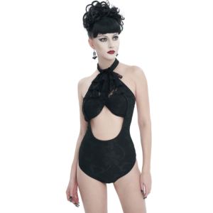 Black Vintage Cutout One-Piece Swimsuit / Women's Gothi Swimsuit with Lace Ruffle and Bowtie