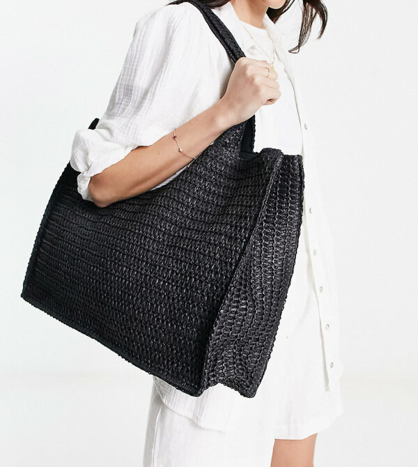 South Beach straw woven shoulder beach tote bag in black