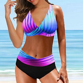 Women's Plus Size Swimwear Bikini 2 Piece Swimsuit Backless High Waisted Ombre Gradient Color V Neck Tropical Push Up Bathing Suits