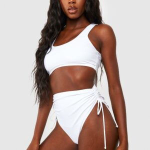 Womens Tummy Control Ruched High Waist Bikini Brief - White - 2