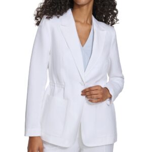 Calvin Klein Petite Linen-Blend Cinched-Waist Single-Button Blazer - White