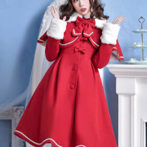 Sweet Lolita Overcoat Bow Pleated Wool Lolita Winter Coat With Cape