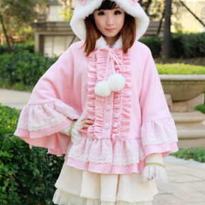 Sweet Lolita Poncho Coat Pink Hooded Cat Ear Ruffles Winter Wool Coat