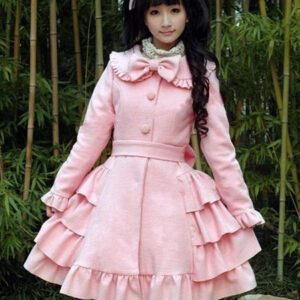 Sweet Lolita Wool Coat Bow Layered Ruffle Pink Lolita Winter Overcoat