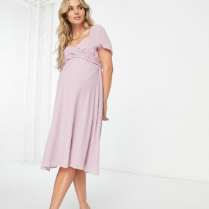 TFNC Maternity Bridesmaid cross front midi dress in pink