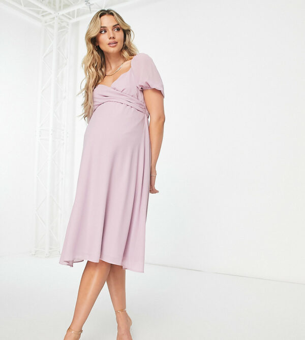 TFNC Maternity Bridesmaid cross front midi dress in pink