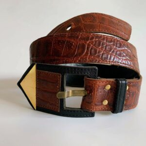 Mock Croc Brown Waist Belt For Women With Gold & Leather Art Buckle, Vintage 80S Textured Cincher, Embossed