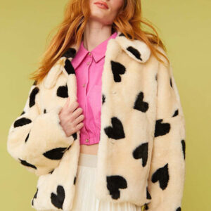 Teddy Coat Heart Printed Top Collar Buttons Winter Women Outerwear