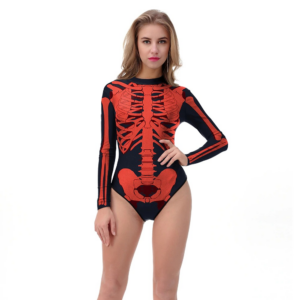 Women's Loog Sleeve Swimsuit on Zippered / Surfing Bathing Suit with Skeleton Printed