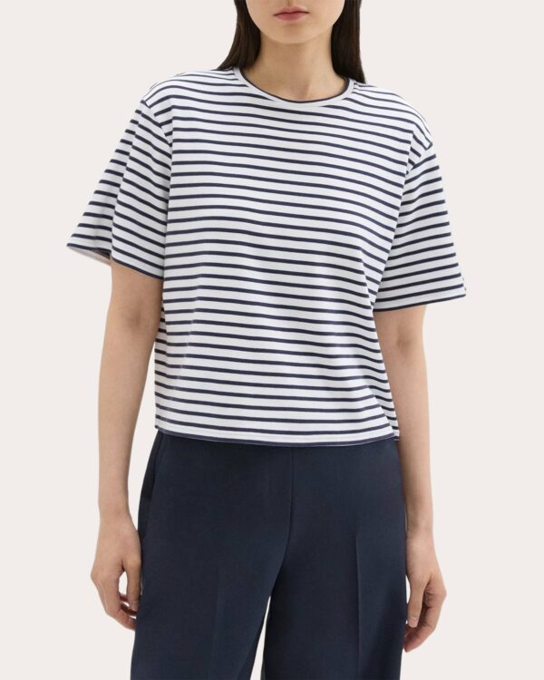 Theory Women's Striped Boxy T-Shirt in Navy Multi Cotton