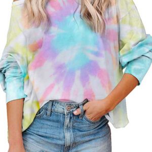 Thread Tie Dye Dolman Long Sleeve Boat Neck T-Shirt Blue