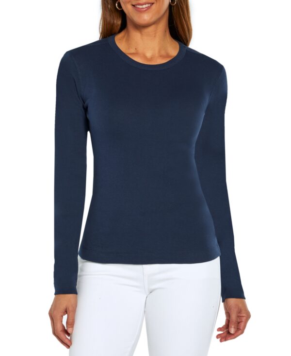 Three Dots Women's Long-Sleeve Crewneck T-Shirt - Navy