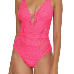 Becca Color Play Lace One-Piece Swimsuit in Pink Glo at Nordstrom, Size Small